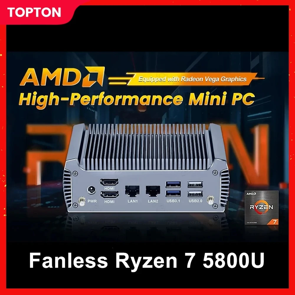 

Topton FU02 Fanless Mini PC AMD Ryzen 7 7730U 8 Core 16 Threads Barebone PC 2 LANs Router Gaming Computer Windows 11 2x4K WiFi6