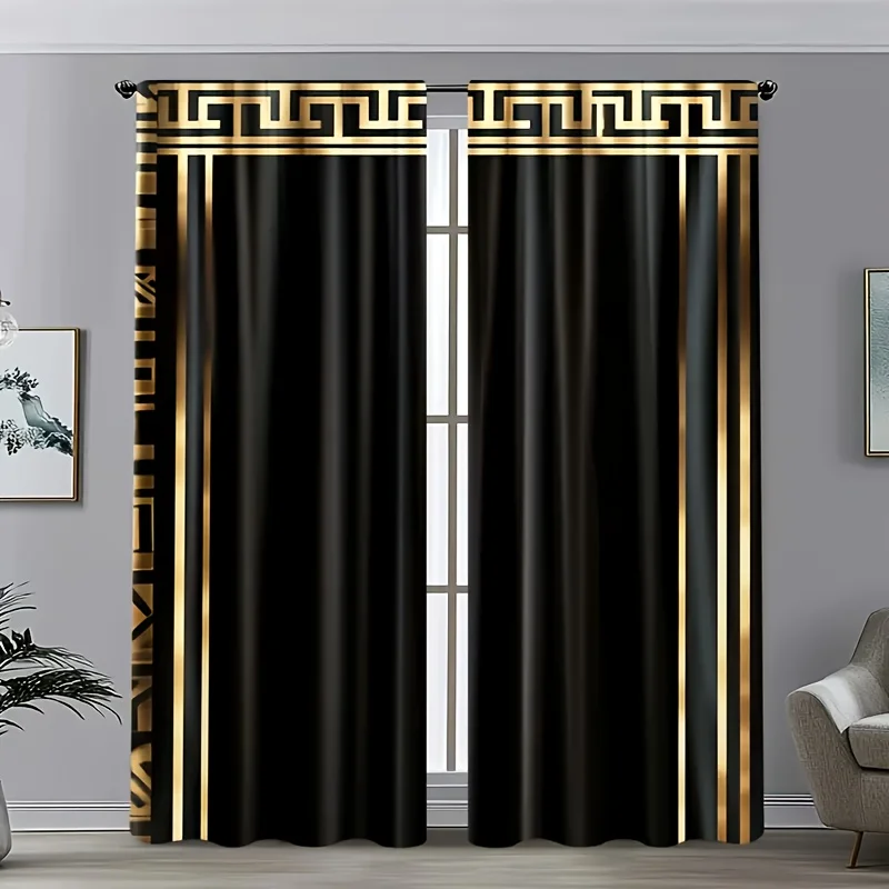 

2Pcs Modern Geometric Black Gold Pattern Window Drapes for Bedroom Living Room Decoration Window Treatment.