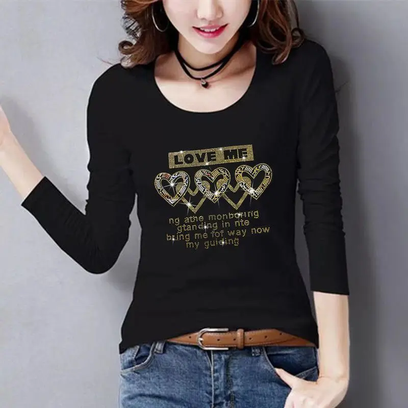 Jonge Slanke Taille Dame Tops Katoen Lange Mouwen T-Shirt Lente Herfst Sweatshirts Vrouwen Dunne Casual Letter Paris Frankrijk Diamant