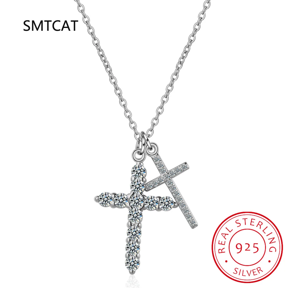 

Ожерелье с двойным крестом из муассанита S925, серебряный кулон с Иисусом на шею для женщин, свадебные ювелирные изделия, Colar de Prata