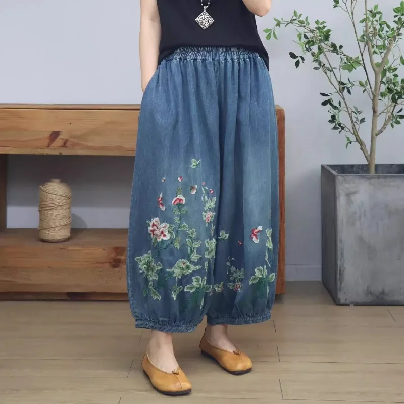 

hosen Summer Thin Embroidered Denim Wide Leg Pants Women Loose Plus Size Casual Lantern Cropped Trousers Comfortable Versatile