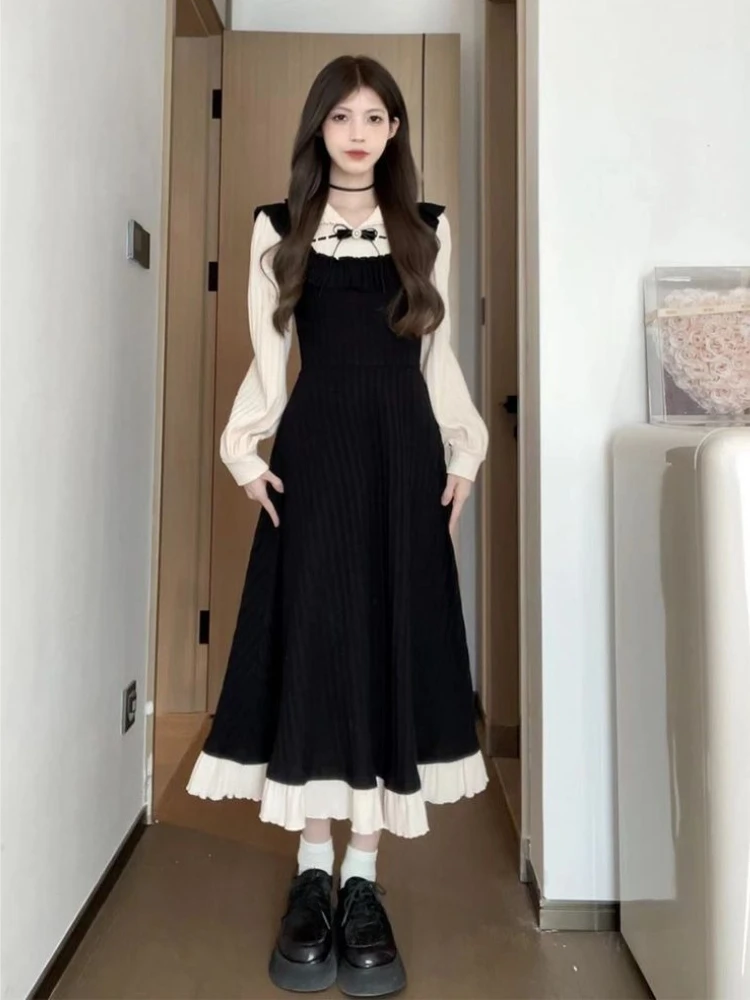 Vestido coreano de dos piezas de imitación de retazos suaves estilo Hepburn, vestidos adelgazantes que se ajustan a la cintura para mujer, nuevos trajes de moda de invierno 2025