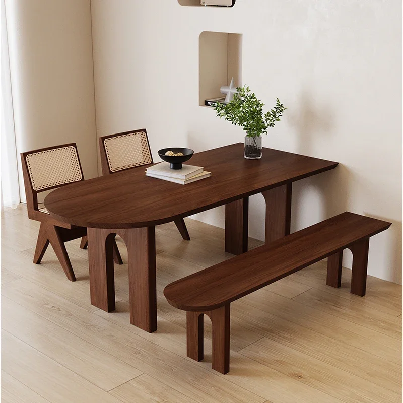 طاولة طعام على شكل جزيرة من الخشب الصلب في العصور الوسطى مقابل الحائط، طاولة شقة صغيرة منزلية وكرسي، مجموعة مستطيلة #1