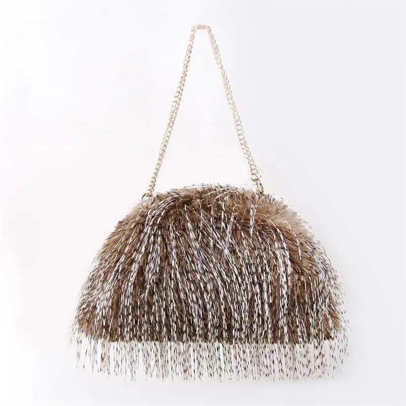 Kunstfell-Quasten-Ketten-Umhängetasche, weiche, warme, flauschige Fransen-Halbmond-Clutch, Winter-Hochzeits-Abendparty-Modehandtasche für Frauen – Detail 6