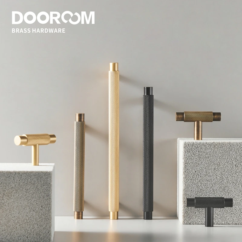 Dooroom Brass Furniture Handles Modern Knurled Antique Brass Cupboard Wardrobe Dresser Shoe Box Drawer Cabinet Knobs T-Bar