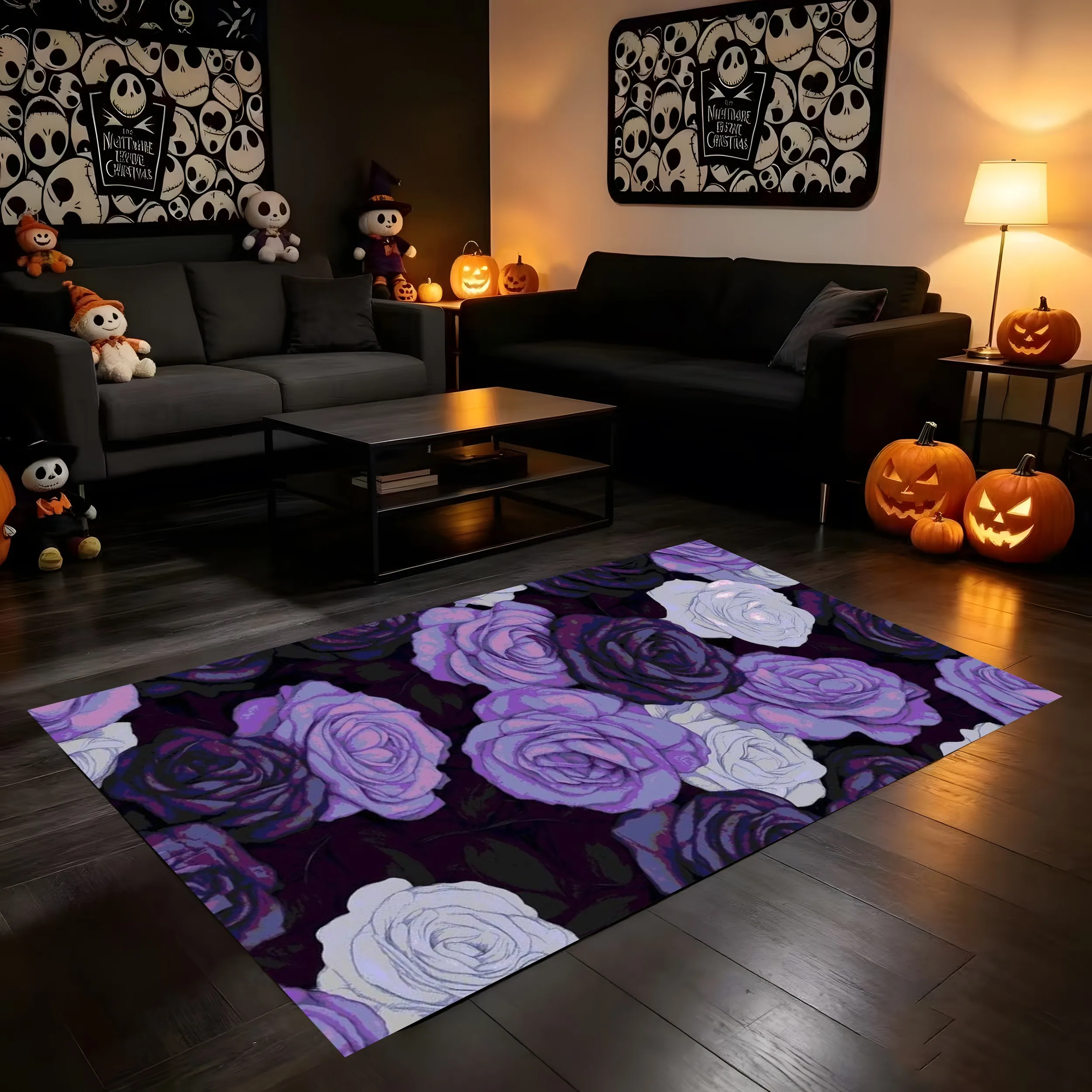 2D Carpet with Ghost Pumpkin and Bat Cartoon Prints - Cute, Lively and Eye-Catching, Creating a Festive Halloween Atmosphere