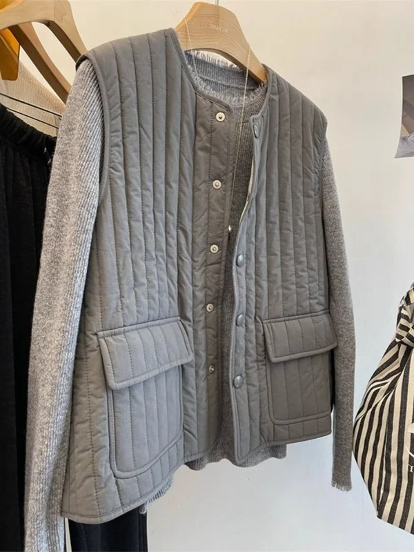 

Thickened Cotton Jacket Women's Large Size Artistic Style Retro All-Match Warm Outerwear Vertical Striping Sleeveless Coat