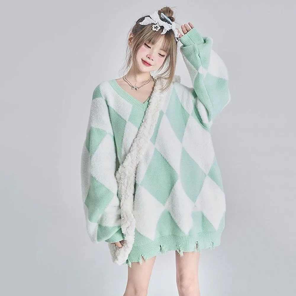 

Sweater Women's 2024 New Autumn/Winter Contrast Color Design Loose Pullovers Female Casual Plaid V-Neck Hole Knitted Jumpers Y2k