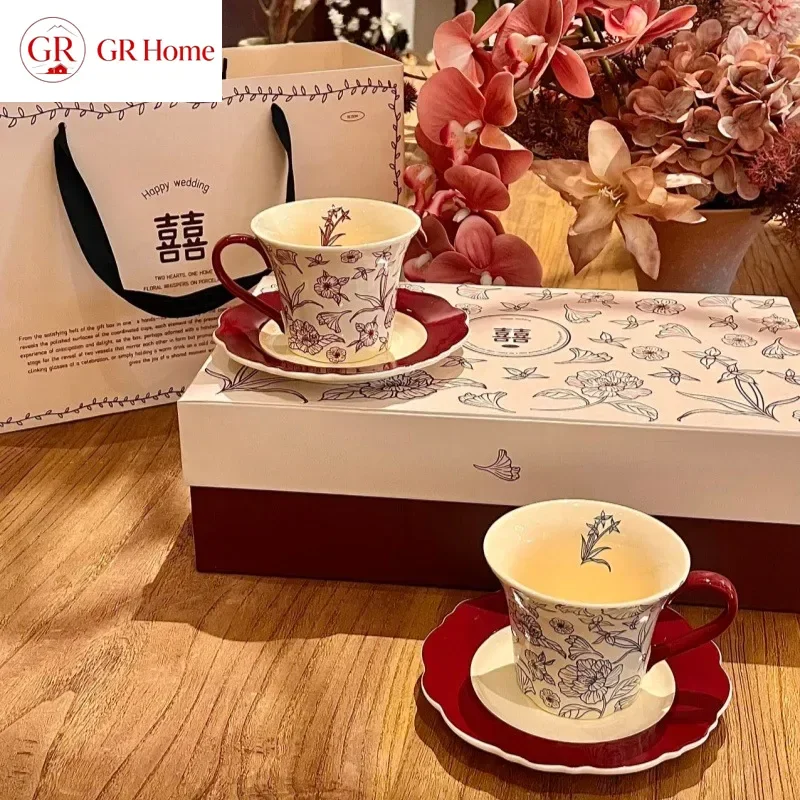 French Ceramic Coffee Cup & Saucer Gift Set, Luxury Couple Mugs as Premium Gift for Best Friends