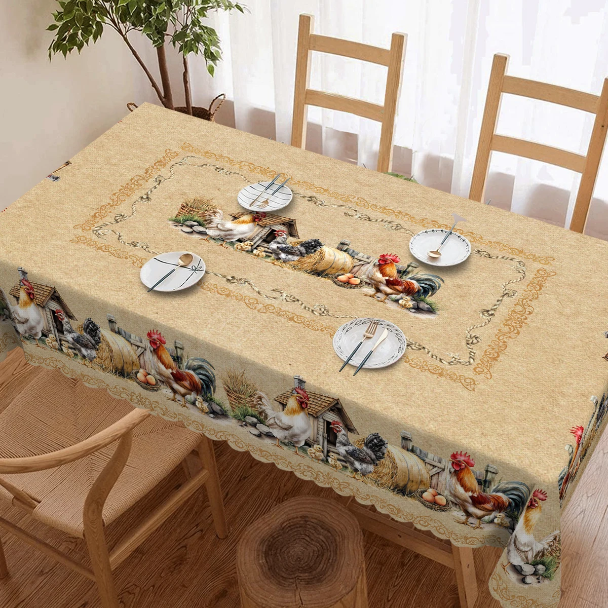 1 pièce, nappe en polyester imprimée décorative de ferme + 4 autocollants auto-adhésifs, motif de poulet de maison de ferme pastorale, bords en relief, adaptée à la cuisine de la maison, au salon, au