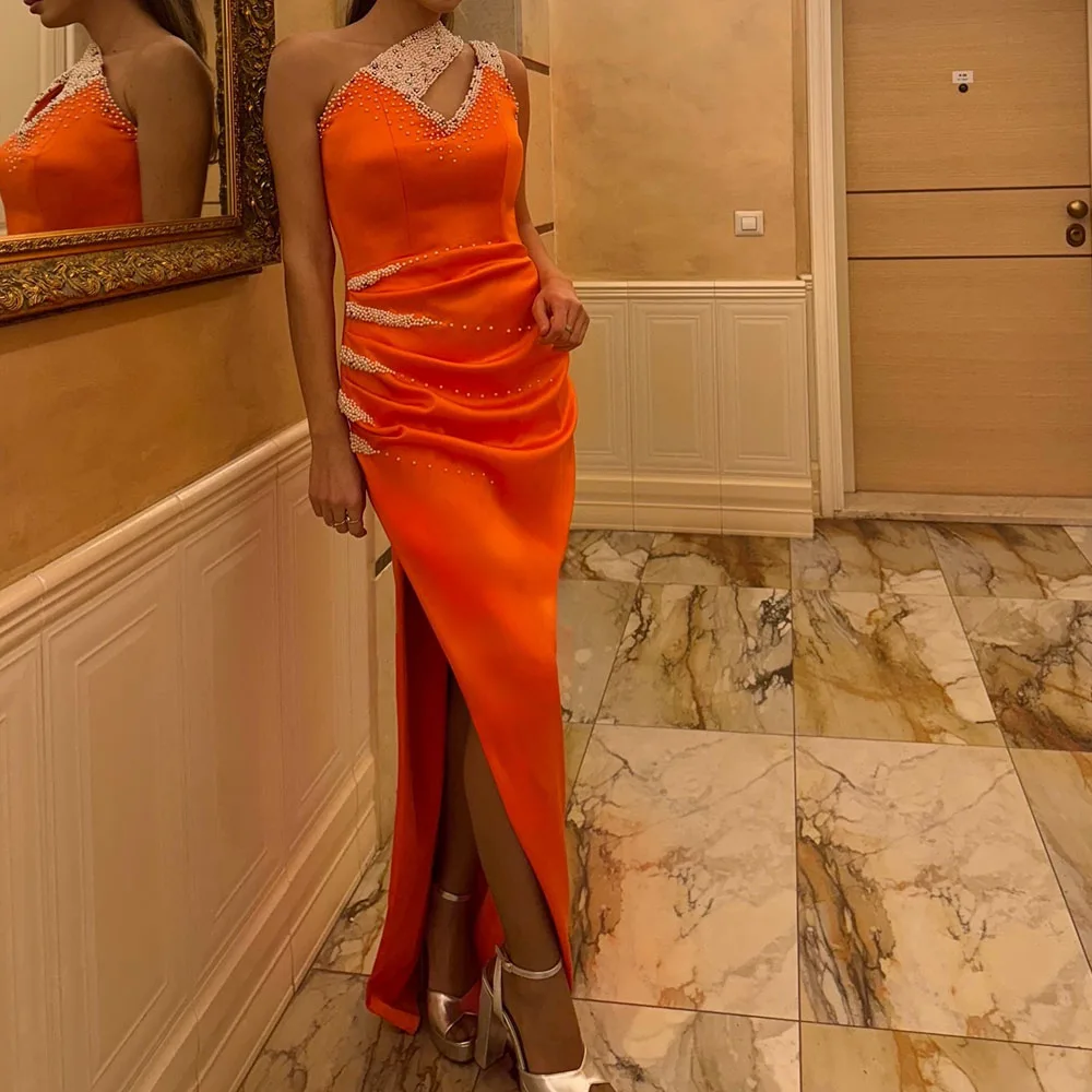 

Customized Straight Evening Dresses Floor-length One-shoulder Sleeveless Prom Gown Fashion Beading Crystal Side-split Party Gown