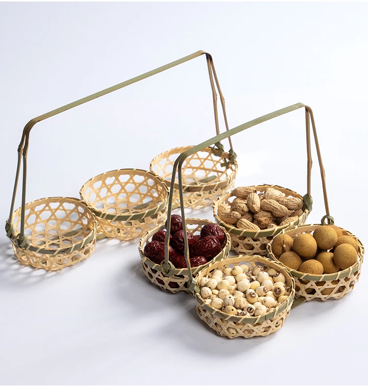 1 PC Bamboo Weaving Basket Round Handle Fruit Pastry Tray Creative Multi Layer