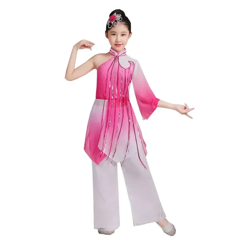 Costume da ballo classico Yangko per bambini costume da ballo per fan di danza con ombrello in stile cinese Hanfu da ragazza