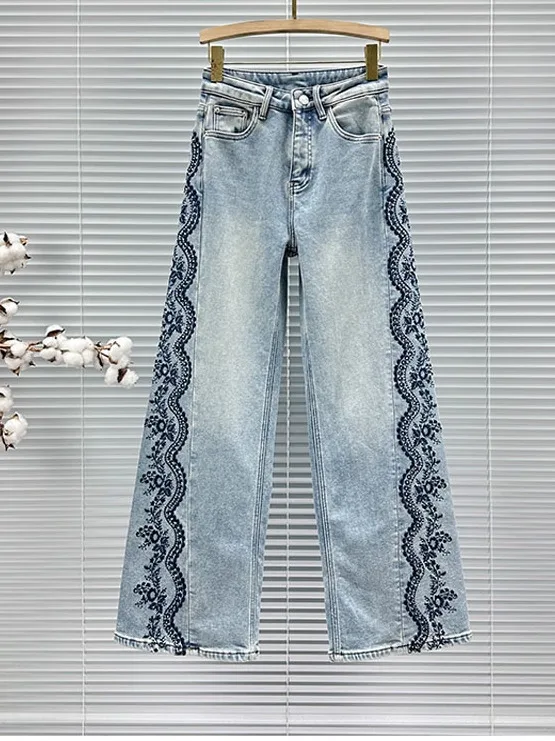

Spring High Waist Embroidered Denim Jeans Women's Trendy 2026 New Loose Slimming Versatile Sequin Wide Leg Long Pants