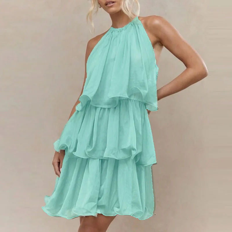 Vestido curto de festa com design de babado em camadas, temperamento simples, sem mangas, camisola, sexy, feminino, halter, sem mangas, praia