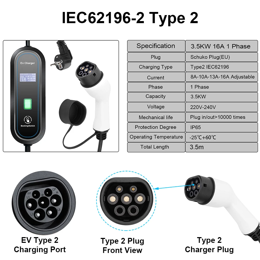 Teschev 220V 230V GBT Standard Portable EV Charger Wallbox 16A Type1 Charging Cable Type2 Cord Schuko Plug for Electric Car