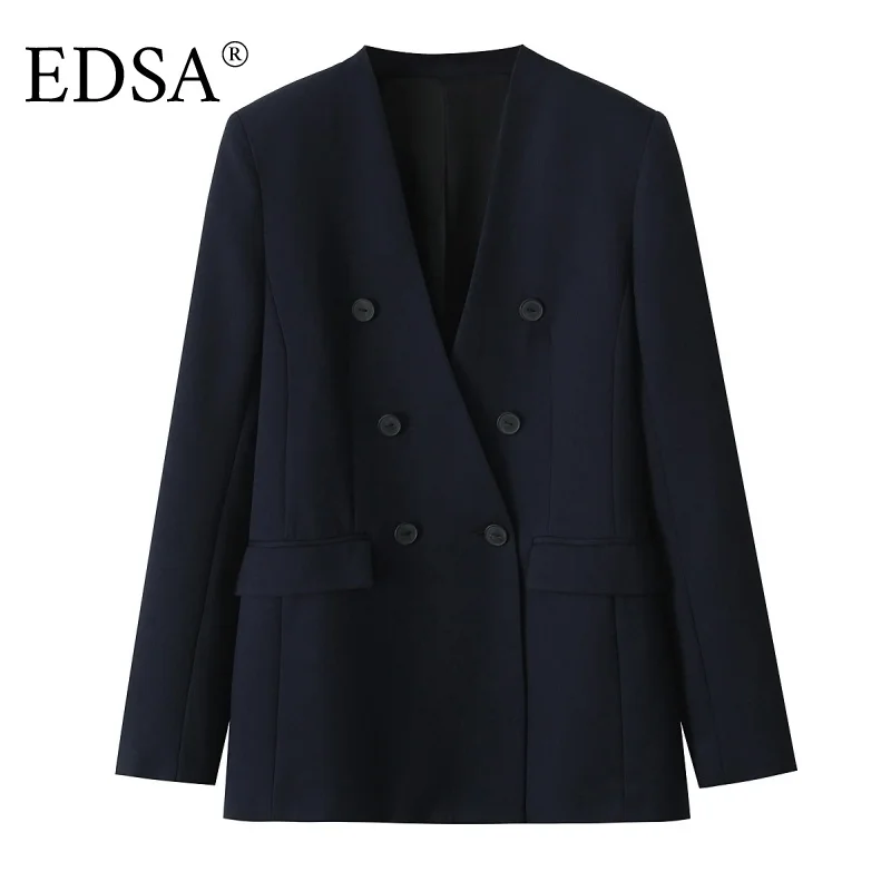 

EDSA Women Navy Blue Collarless Blazer with Shoulder Pads Double Breasted Long Sleeves Flap Pockets Office Lady Jacket Coat