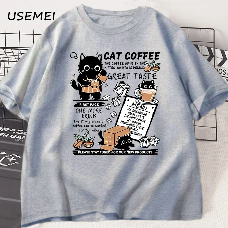 Funny Cat Make Coffe Print T Shirt for Men Women T-shirt Summer Loose Cotton Short Sleeve Trendy Y2k Tops Mens Designer Clothes