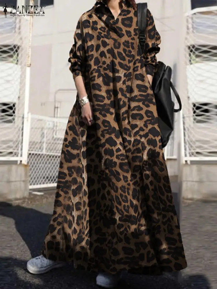 ZANZEA Stylish Women Leopard Print Maxi Dress Autumn Laple Neck Long Sleeve Sundress Bohemian Holiday Loose Vestido Oversize