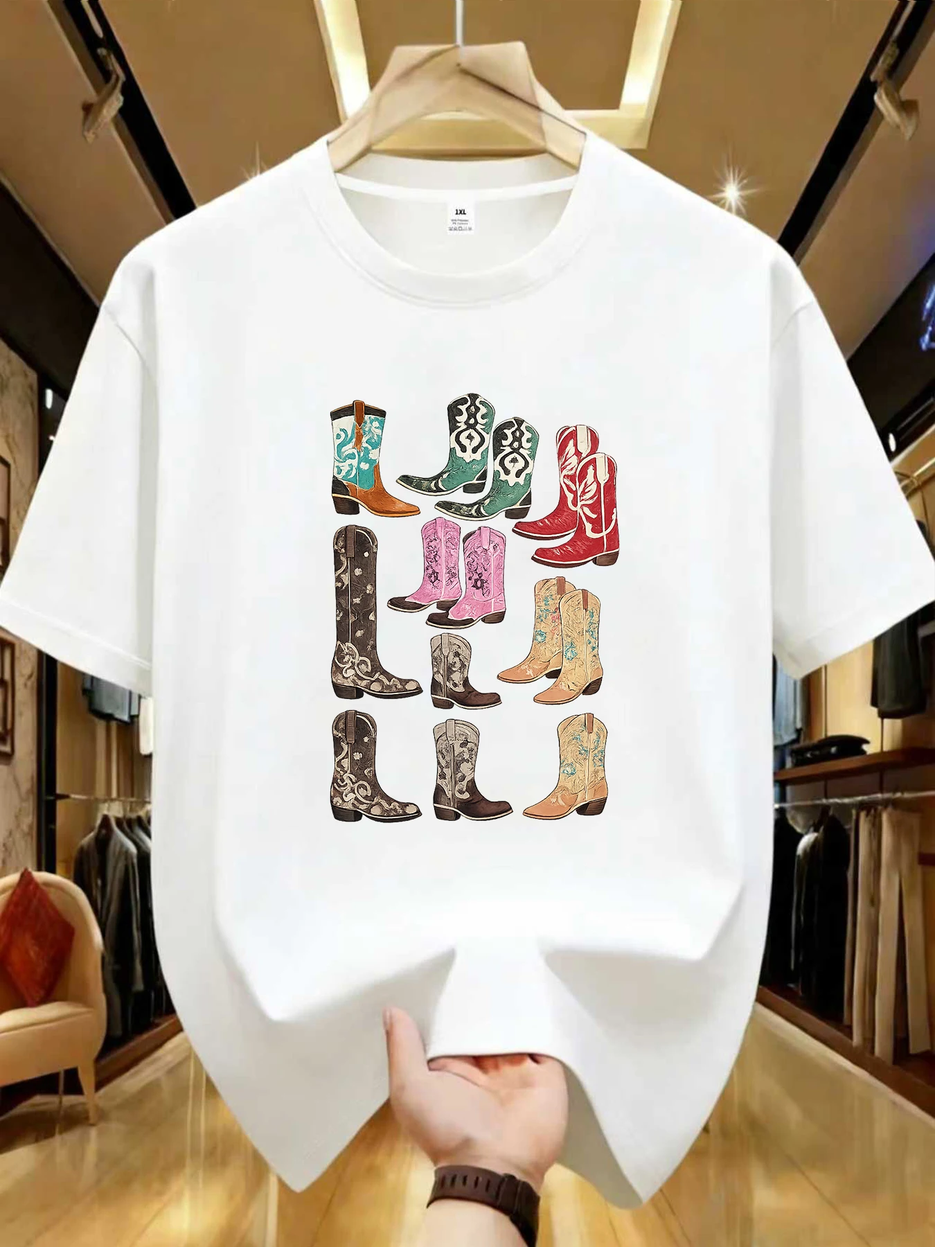 

【WDS01280】Colorful boot print plus size women's round neck T-shirt summer casual short sleeved top street fashion versatile