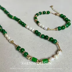 Vintage Dry Green Agate Natural Freshwater Pearl Necklace35/40/45/50cm Bracelet15/16/17/18/19cm Earnail Set