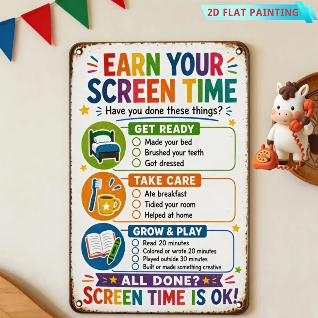 2D Flat Wall Hanging Kids' Chore and Screen Time Chart, Morning Routine Checklist, Home  Decor For Bedroom Homeschool.