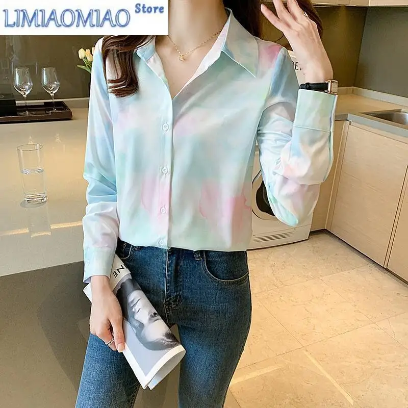 

Модная однобортная блузка с градиентом тай-дай, женская новая удобная корейская офисная универсальная рубашка с воротником-поло с длинными рукавами