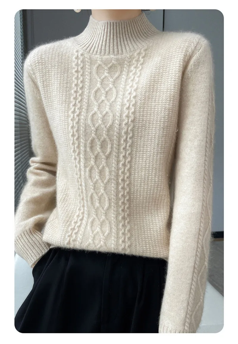 Neue Frühjahr Gestrickte Pullover Halb Hohen Kragen Lose Dicke Warme Pullover Für Frauen Vintage Wolle Herbst Winter Mutter Bodenbildung Top – Detail 2