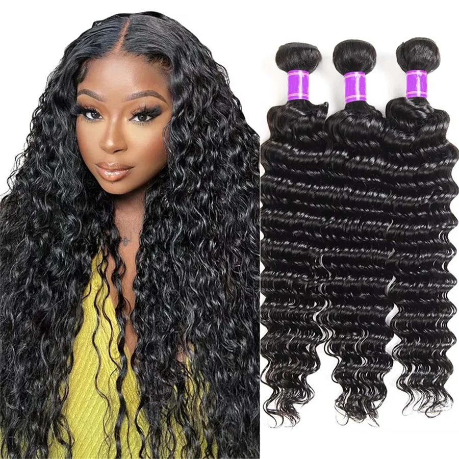 

Deep Wave Raw Virgin Hair Human Hair Bundles Brazilian Weave Bundles 3/4Pcs Double Weft Natural Black 14-30 Inch Bundles Human Hair Extensions
