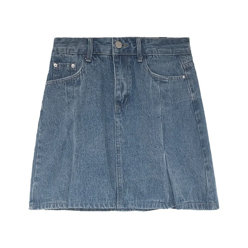 Nuova gonna corta in denim stile Hong Kong per donna in estate, ragazza calda con vita alta e effetto snellente, mezza gonna a trapezio versa