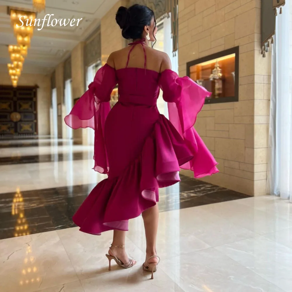 Sunflower Halter Prom Gowns Bell-bottomed Sleeve Mermaid Evening Dress Slim Ruffles Party Dress 2023 Satin High-end Custom