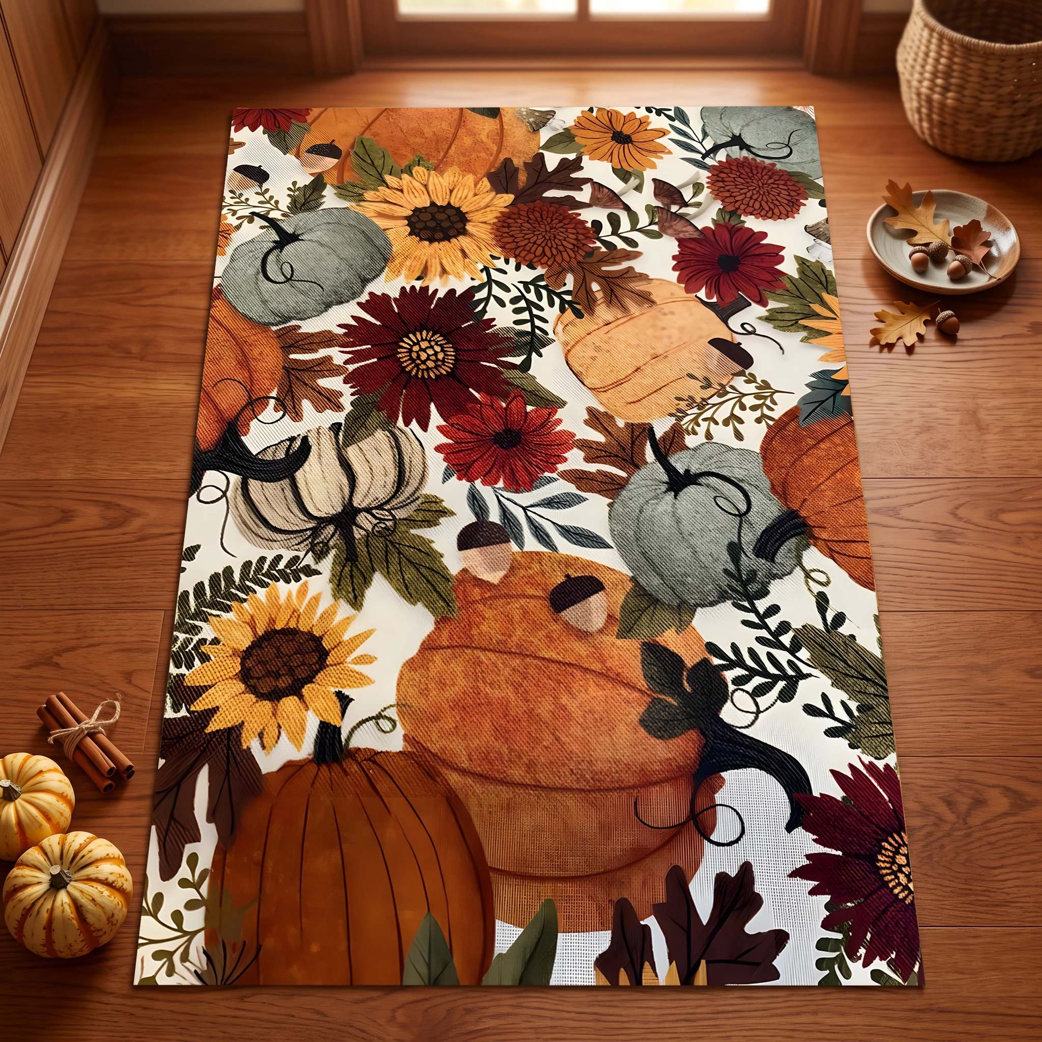 Pumpkin and Sunflower Clusters Create a Retro, Pastoral Atmosphere in the Entryway, Living Room, and Bedroom A Velvet Rug Adds a Warm and Cozy Autumn Harvest Feel.