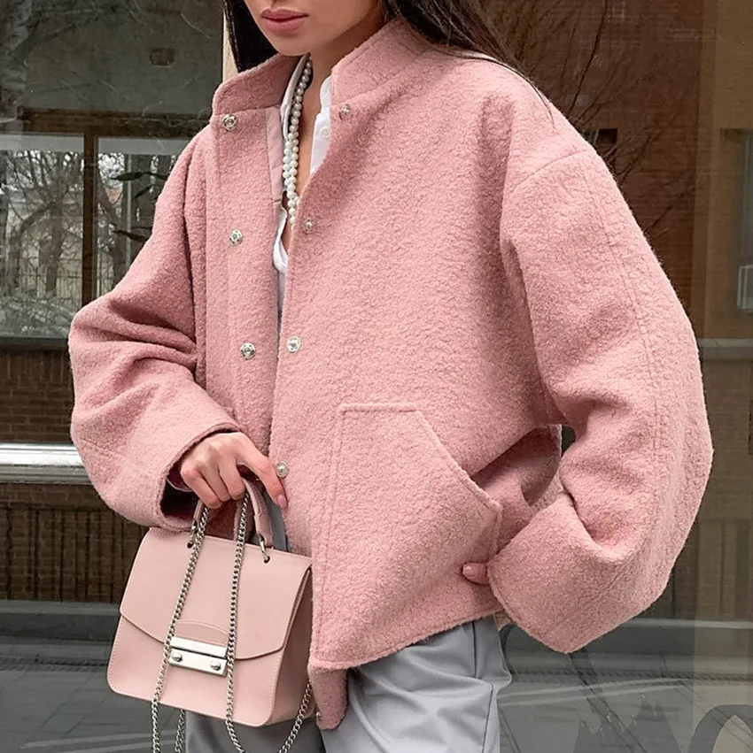 

Autumn Women's Stand Collar Dusty Pink Coat European Minimalist Style Contemporary Long Sleeve Outerwear Cross-Border Design
