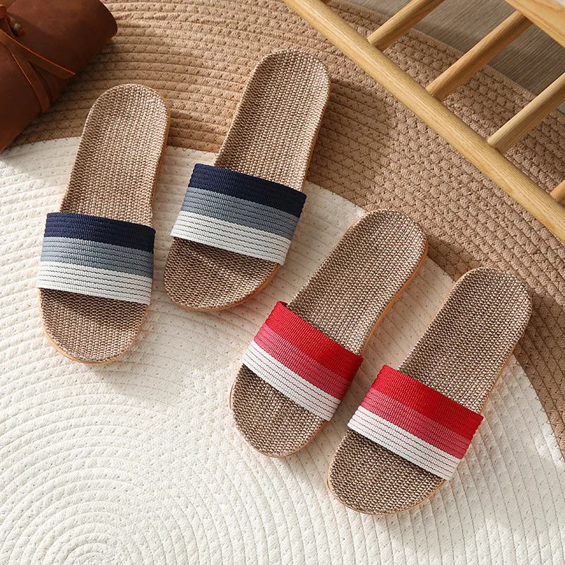 Summer Men Linen Slippers Beach Sandals Breathable Flat Shoes Striped Sandals Fashion Household Slippers Flip-Flops Shoes Slides