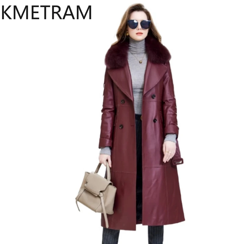 

Куртка-пуховик из 100% овчины, женская высококачественная длинная пуховая куртка, зимнее пальто с воротником из лисьего меха, женская одежда 2025 Кожаный пуховик