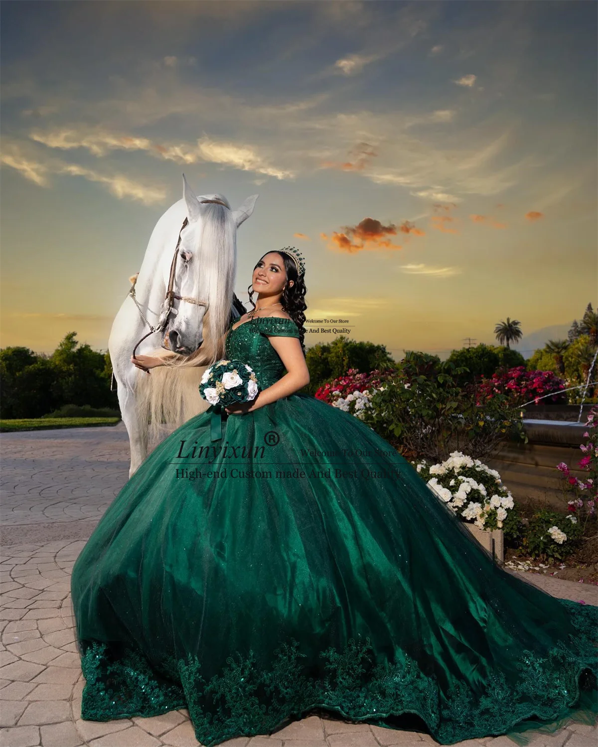 Vestido De quinceañera verde con Apliques De encaje y lentejuelas, vestido De fiesta con hombros descubiertos, 15 y 16 años