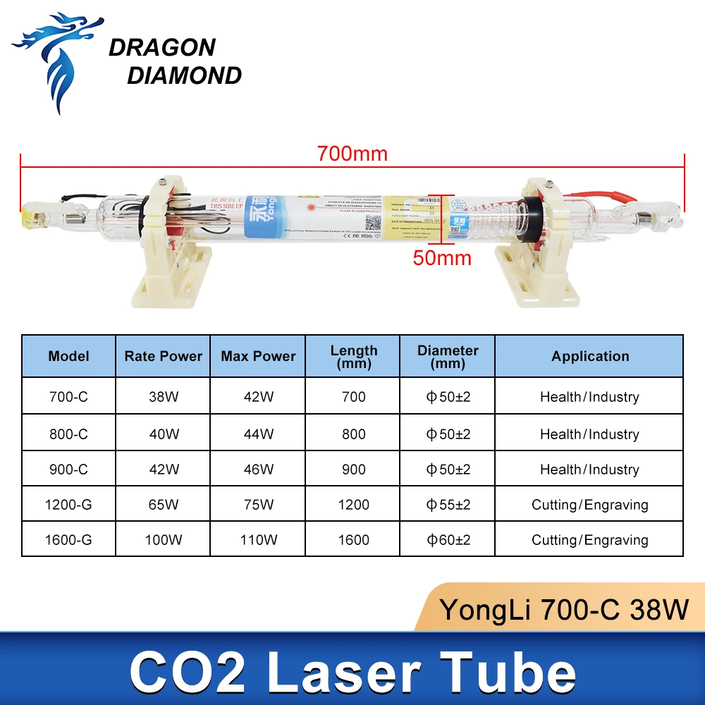 YONGLI 700-C Co2 Laser Tube 38-42W Diameter 50mm Length 700mm for CO2 Laser Engraving Cutting Machine view 6