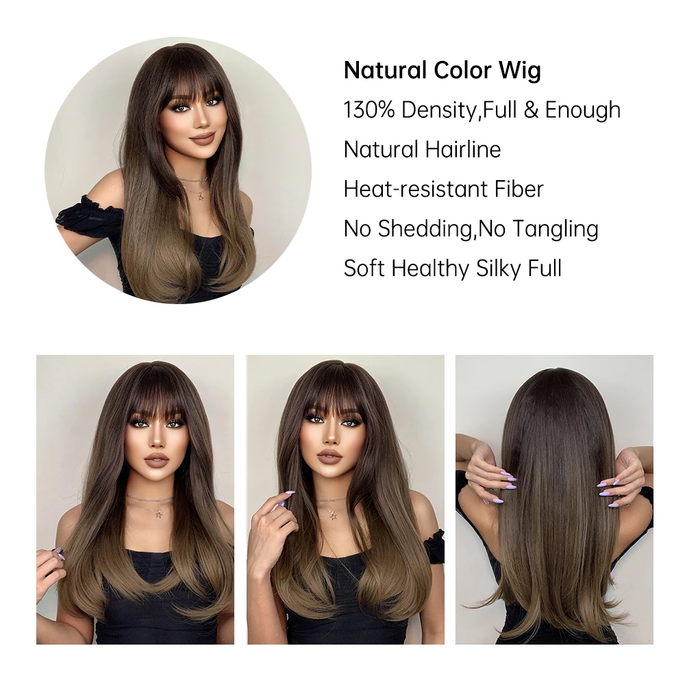 HENRY MARGU Long Staight Synthetic Wigs Dark Black Brown Ombre Hair With Bangs For Black Women Daily Cosplay Heat Resistant Wigs