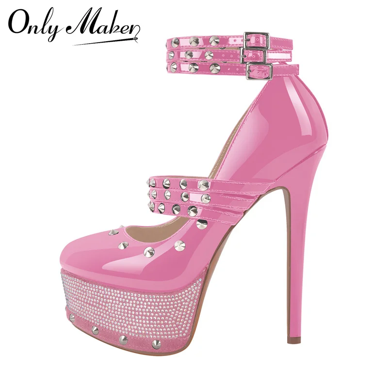 

Onlymaker женские туфли-лодочки из лакированной кожи на платформе с заклепками и стразами, женские туфли-лодочки на высоком каблуке больших размеров с ремешками на щиколотке