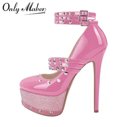 Onlymaker Women Platform Rivet Patent Leather Rhinestone Pumps High Heeled Plus Size Ankle Straps Female Stiletto Pumps