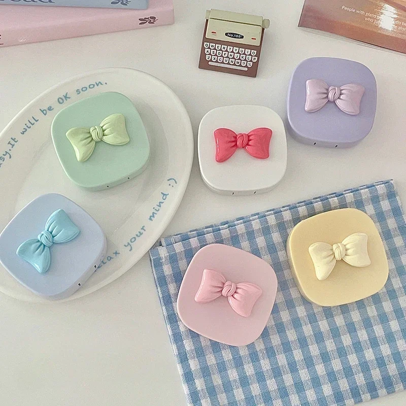 Girl Cute Bow Contact Lens Box with Mirror Women Mini Portable Eyes Contact Lens Container Box Contact Lens Cases Travel Kit