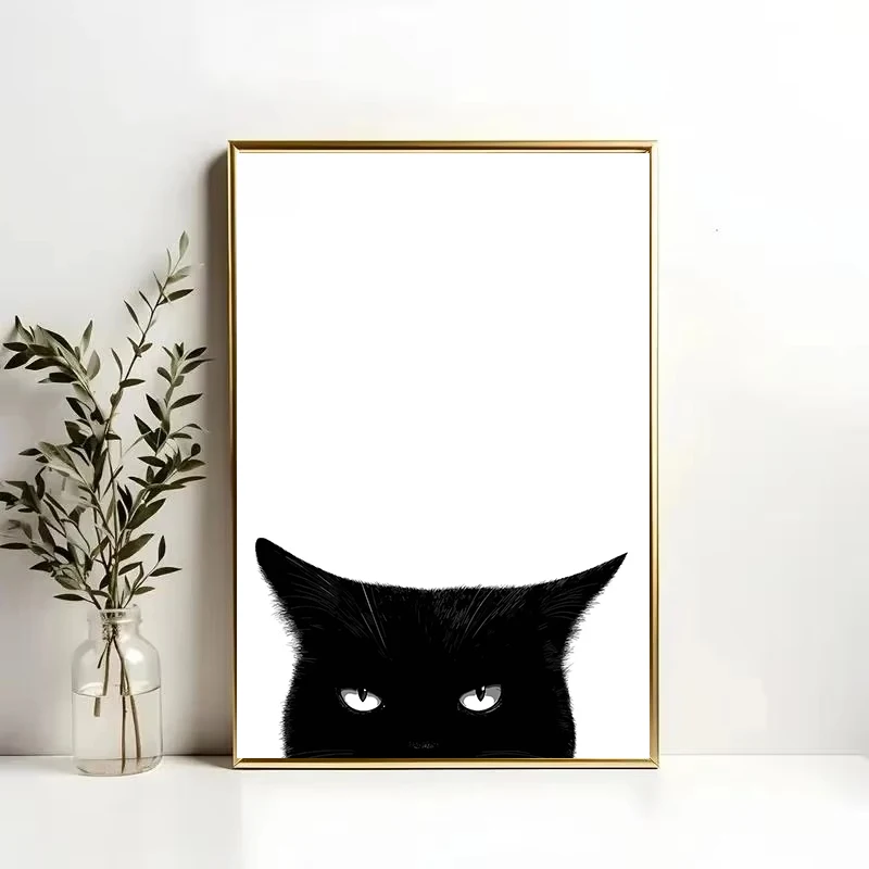 Cute Peeking Black Cat Funny Cat Face Modern Poster and Prints Canvas Printing Minimalist Wall Art Picture for Living Room 