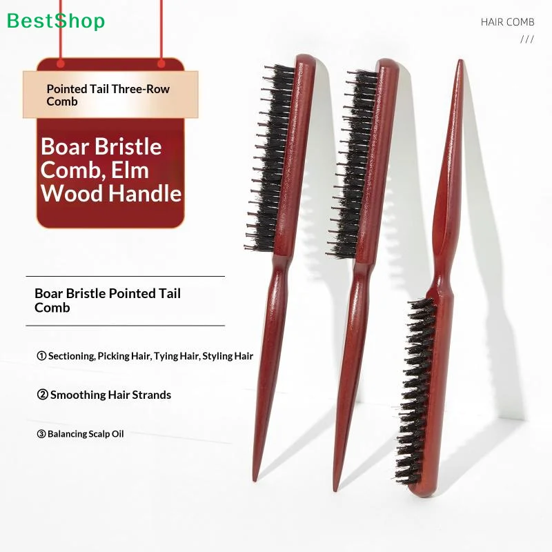 ♥3-Row Boar Bristle Teasing Comb - Pointed Tail Styling Comb for Sectioning & Hair Smoothing