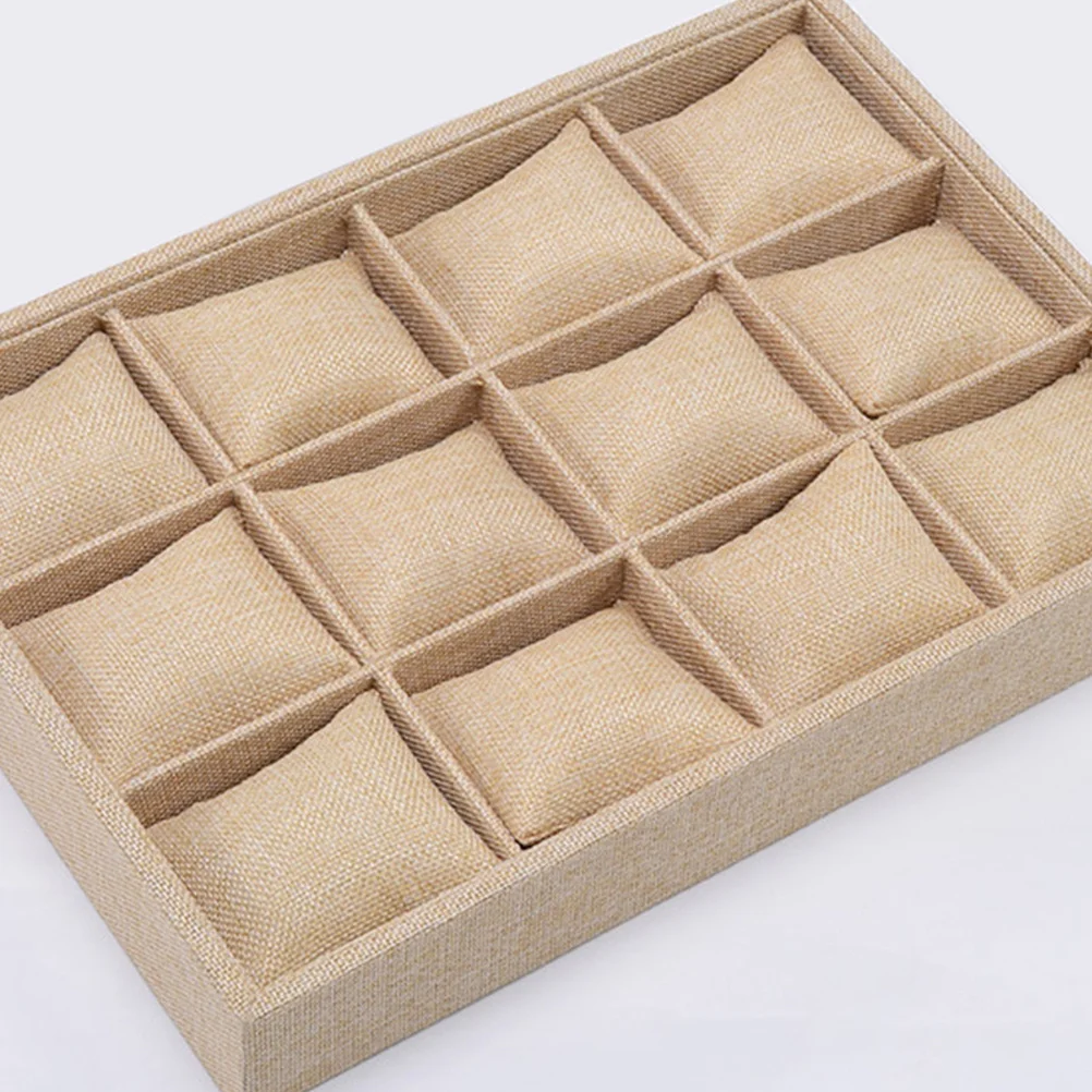 Delicate Multi-lattice Watch Case Pillow Design Storage Tray Flannelette Watch Storage Box (Linen Color)