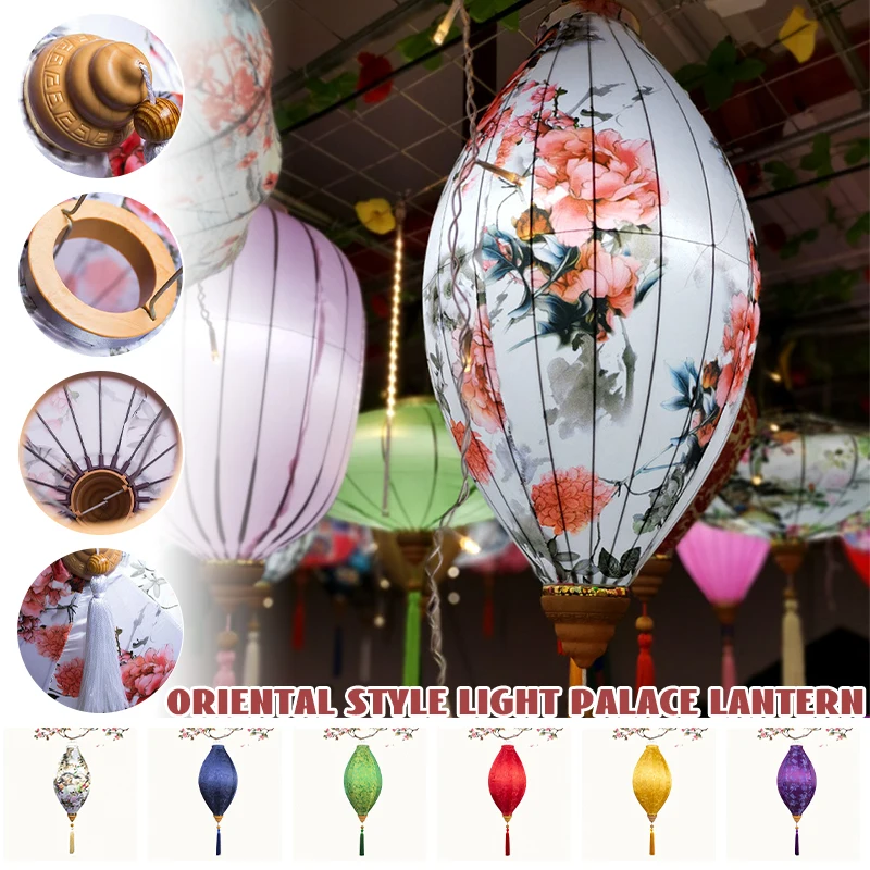 

14in Satin Printed Lantern Chinese Classical Spring Festival Outdoors Waterproof Hanging Decor Palace Lantern Vietnam Lanterns