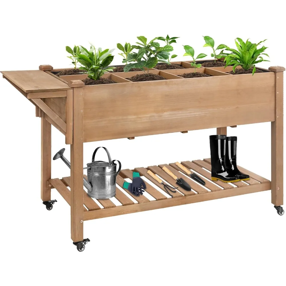 

Raised Garden Bed with Lockable Wheels Mobile Elevated Wood Planter,Storage Shelf, Protective Liner,55.5x24x32in