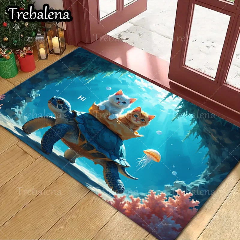 

1pc Welcome Door Mat Cute Cats Riding Turtle Underwater Scene Doormat for Home Decor
