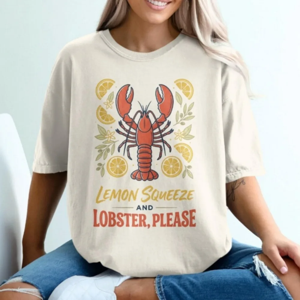 Lemon Squeeze Lobster Please T-Shirt Seafood Lover Gift Summer Ocean Foodie Tee Coastal Crustacean Vacation Clothes