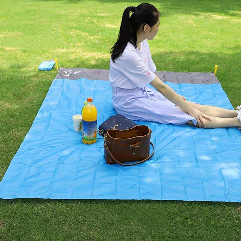 

Blue Gray Waterproof Folding Beach Picnic Mat Moistureproof Outdoor Rug Portable Mattress Floor Nails Storage Pockets