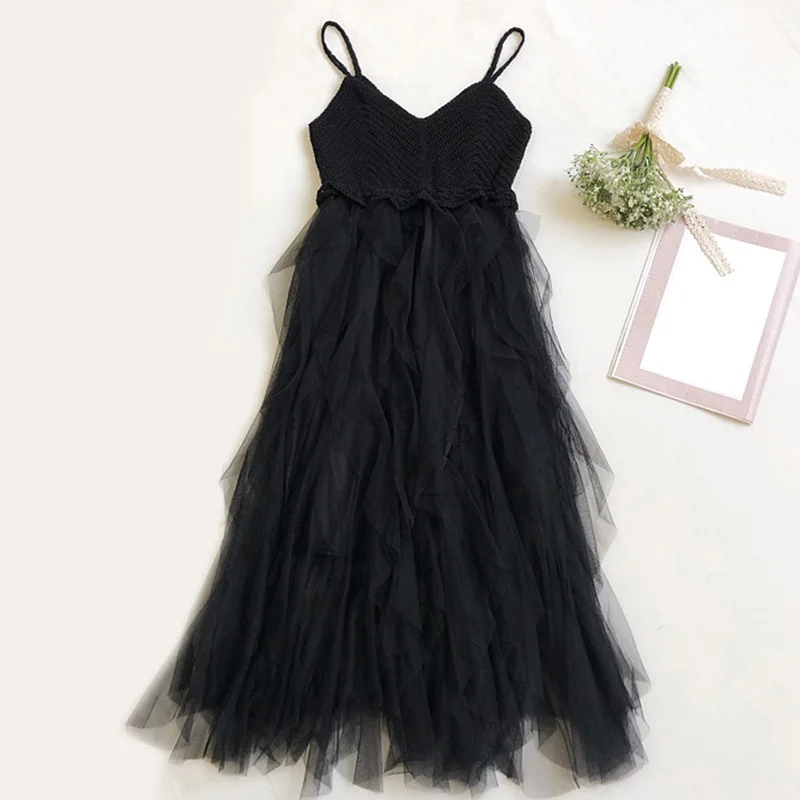 

Fashion fairy Mesh Party Dress Women 2024 Summer new Vintage V-Neck Dress knit Backless Dress Vestidos